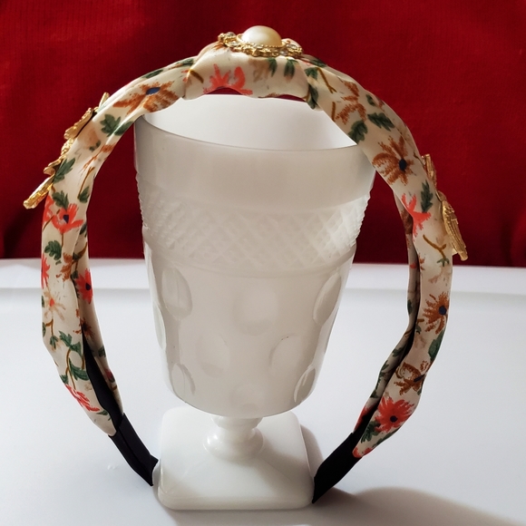 Headband crane heron bird floral satin vintage style handmade pearl crystals new - Picture 2 of 10